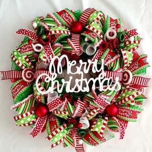 26&quot; Red Green and White Merry Christmas Whimsical Wreath