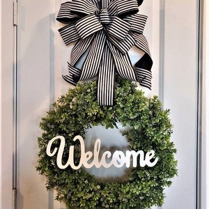 20&quot; Round Boxwood Welcome Wreath with Black and White Stripe Cabana Bow