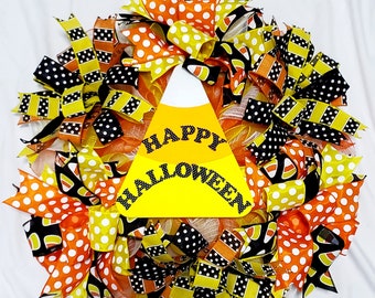 Happy Halloween Candy Corn Deco Mesh Wreath