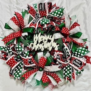 Red and Green Merry Christmas Deco Mesh Wreath