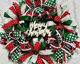 Deco Mesh Merry Christmas Wreath, Red and Green Front Door Decor - Etsy