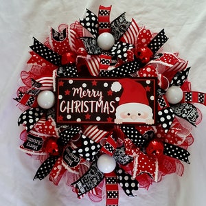 24&quot; Red Black and White Merry Christmas Peek a Boo Santa Deco Mesh Wreath