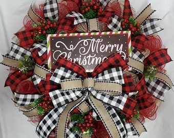 Red Green and White Merry Christmas Buffalo Check Farmhouse Deco Mesh Wreath