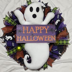 24” Happy Halloween Deco Mesh Plush Ghost Front Door Wreath