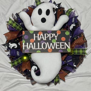 24” Happy Halloween Deco Mesh Plush Ghost Front Door Wreath