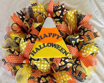 Happy Halloween Candy Corn Deco Mesh Wreath