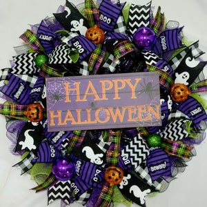 Purple, Green, and Black Halloween Deco Mesh Ghost Wreath/Boo Wreath/Ghost Wreath/Cute Halloween Wreath