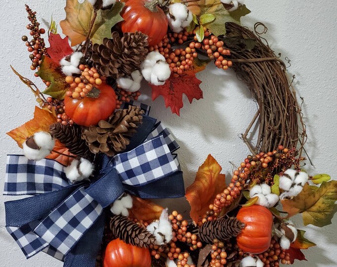 Hello Fall Navy Blue and Orange Pumpkin Grapevine Fall Wreath - Etsy