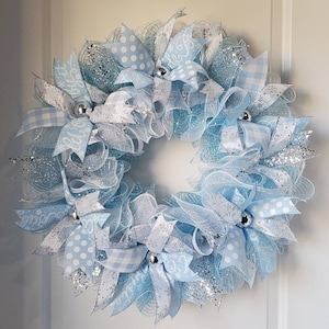 Ice Blue and White Let it Snow Snowflake Deco Mesh Wreath