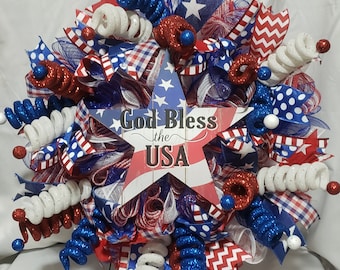 God Bless the USA Red, White, and Blue Patriotic Fireworks Wreath