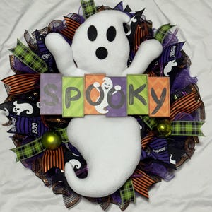 24” Happy Halloween Deco Mesh Plush Ghost Front Door Wreath