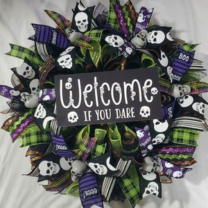 24&quot; Purple Green and Black Deco Mesh Halloween Skeleton Wreath