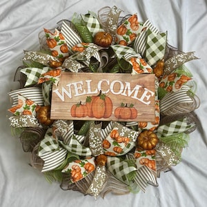 Welcome Pumpkin Deco Mesh Fall Wreath