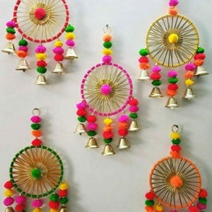 100 PCS FREE SHIPPING Multicolor Indian Dream Catchers, Indian Wedding Decoration, Mehndi Decor, Party Backdrop, Pom Pom, Gota Hangings image 2