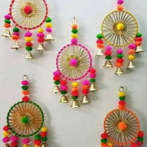 100 PCS FREE SHIPPING Multicolor Indian Dream Catchers, Indian Wedding Decoration, Mehndi Decor, Party Backdrop, Pom Pom, Gota Hangings 画像 2