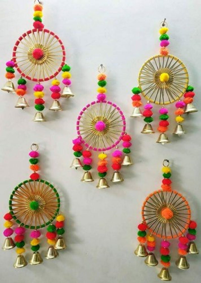 100 PCS FREE SHIPPING Multicolor Indian Dream Catchers, Indian Wedding Decoration, Mehndi Decor, Party Backdrop, Pom Pom, Gota Hangings image 2