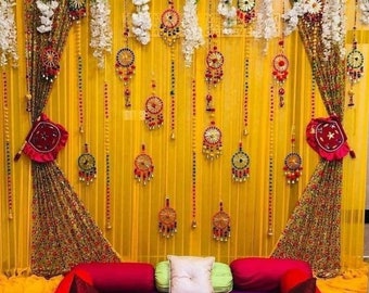 100 PCS FREE SHIPPING Multicolor Indian Dream Catchers, Indian Wedding Decoration, Mehndi Decor, Party Backdrop, Pom Pom, Gota Hangings