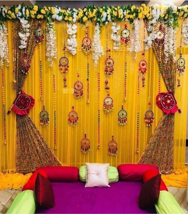 100 PCS FREE SHIPPING Multicolor Indian Dream Catchers, Indian Wedding Decoration, Mehndi Decor, Party Backdrop, Pom Pom, Gota Hangings 画像 1