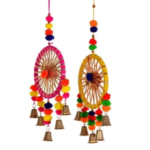 100 PCS FREE SHIPPING Multicolor Indian Dream Catchers, Indian Wedding Decoration, Mehndi Decor, Party Backdrop, Pom Pom, Gota Hangings 画像 3