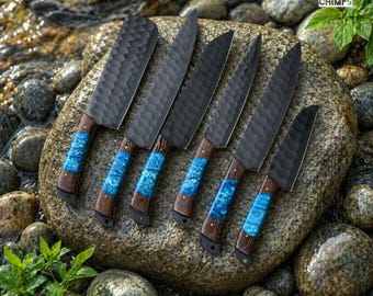 6-Piece Chef Knife Set: Blue Resin Handle, Damascus Steel Blades – Professional Kitchen Knives