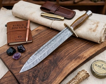 Damascus Steel Survival Bowie Knife with Wood Handle, Brass Guard – Full Tang Construction