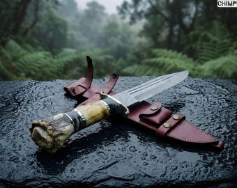 Damascus Steel Hunting Knife Handmade Survival Bowie Fixed Blade Bone Handle Birthday Gift
