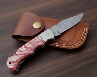 Navaja plegable de Damasco con mango de resina roja, navaja de bolsillo hecha a mano, regalo de cumpleaños.