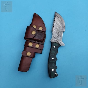 Custom Handmade Tracker Knife, Damascus Steel Hunting Knife, Camping Knife, Micarta Handle with Leather Birthday Gifts, Anniversary Gifts