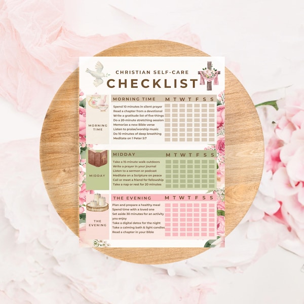 Codzienna lista kontrolna samoopieki Chrześcijański planer, Codzienny czas z Bogiem, Poranny i wieczorny wykres rutyny Chrześcijaństwo, Chrześcijańskie prezenty dla kobiet-BB02