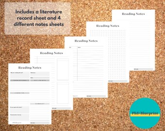 Può includere: Cinque fogli di appunti per la lettura stampabili con il testo "Reading Notes" in cima a ogni foglio. I fogli sono progettati per prendere appunti durante la lettura. I fogli sono su uno sfondo di sughero.