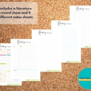 May include: Four printable reading notes sheets with different layouts, including a literature record sheet. The sheets are white with light blue and green accents. The text "Reading Notes" is written in black cursive at the top of each sheet. The text "PhD Blueprint" is written in yellow on a teal circle at the bottom of the image.
