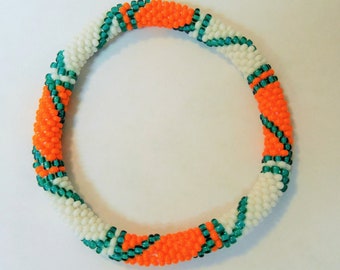 Aqua Blue ,Orange And White Glass Seed Bead Bracelet