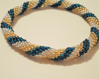 Stunning Blue,Gold And Clear Stripe Seed Bead Bracelet