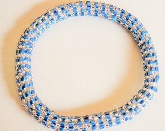 Blue And Clear Glass Seed Bead Bacelet