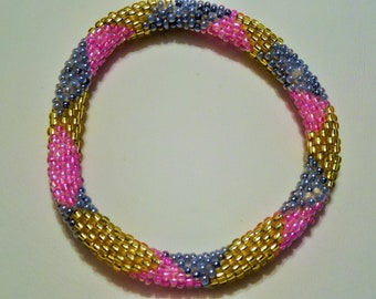 Pink, Blue And Butterscotch Seed Bead Bracelet