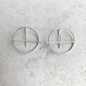 Unique hoops, statement thin silver earrings,geometric cool earrings image 1