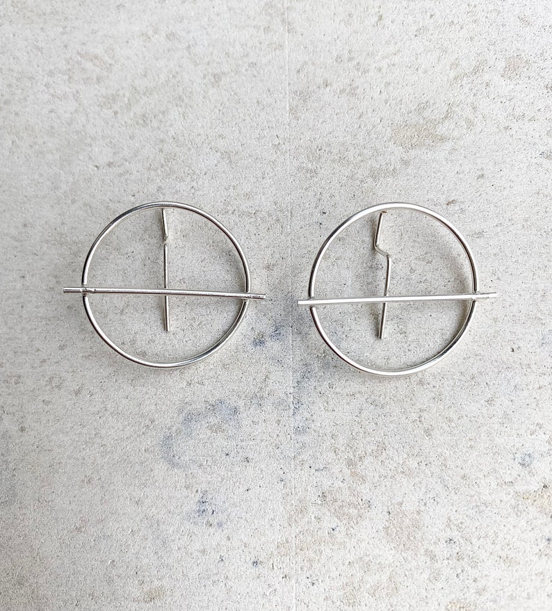 Unique hoops, statement thin silver earrings,geometric cool earrings image 1