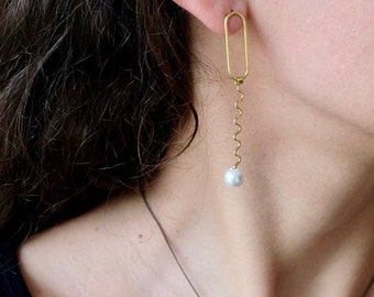 Unique ,statement thin silver pearl earring