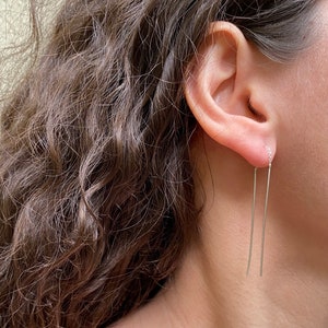 May include: A pair of long, thin silver earrings hanging from the earlobe. The earrings are straight and have a delicate chain detail at the top.