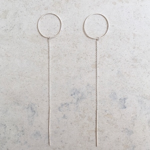 Long geometric silver earrings, minimalist threader earrings