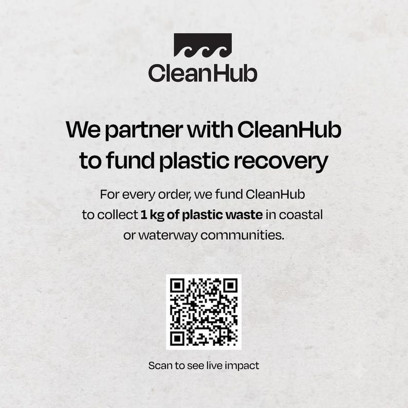 May include: A white informational graphic featuring the black CleanHub logo with three waves. The text states: We partner with CleanHub to fund plastic recovery. For every order, we fund CleanHub to collect 1 kg of plastic waste. Includes a QR code.