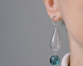 Statement glass and silver earrings, unique handmade mismatch earrings