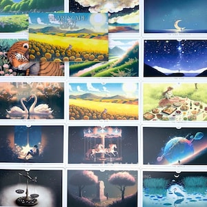 Op de afbeelding: Een tarotdeck met een heartscape-thema. De kaarten bevatten kleurrijke illustraties van landschappen, dieren en hemellichamen. De doos heeft de titel "Heartscape Tarot" en de tekst "78 Tarot Cards".