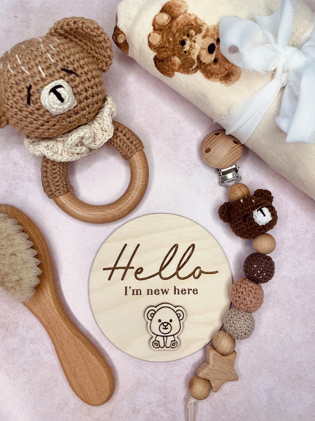 Teddy Bear Crochet Gift Set | Milestone Prop | Baby Rattle | Crochet ...