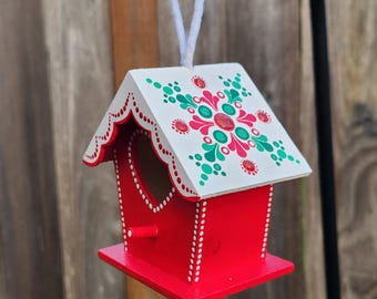 Miniature Holiday Birdhouse Ornament • Hand Painted Red & Green Mandala Cottage • Wooden Christmas Decor