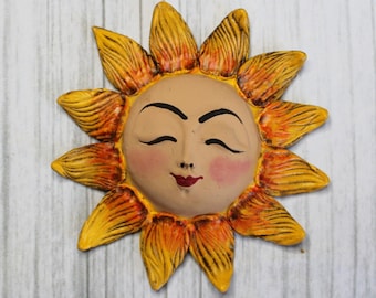 Sun Face Cabochon — Hand Painted Art Doll Face, Polymer Clay Sunflower