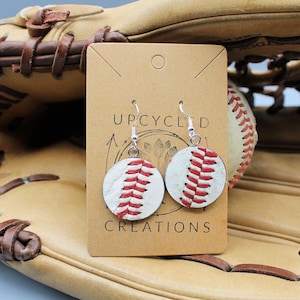 Leather Baseball Earrings in Stainless Steel Trays - Unique Baseball Mom Gift