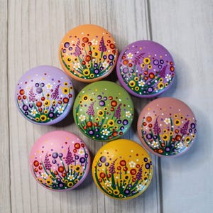 Custom Hand-Painted Wildflower Knobs – Dot Mandala Wooden Drawer Pulls for Cabinets & Dressers