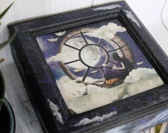 Moon with Clouds Hand Painted Jewelry Box, Upcycled Keepsake Box, Trinket Box,