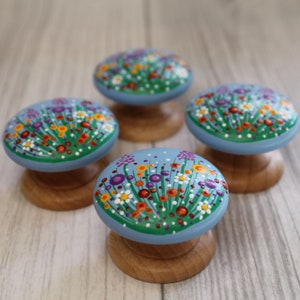Wildflower Dot Painted Cabinet Dresser Knobs, Wooden Drawer Pulls, Hand Painted Knobs, Kitchen Knobs image 2